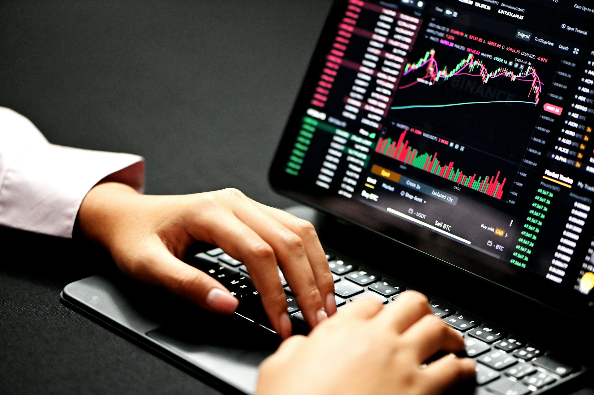 A close-up of hands working on a laptop with charts and graphs displayed.